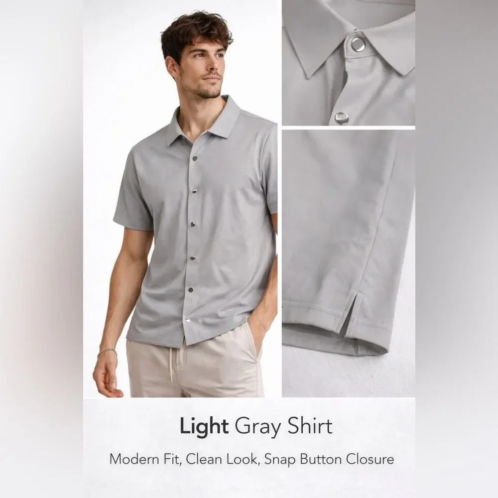 Men's Casual Short Sleeve Button-Down Shirt - Light Gray Sz L NWT